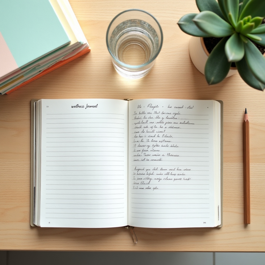 Overhead view of a wellness journal and course materials laid out on a clean desk