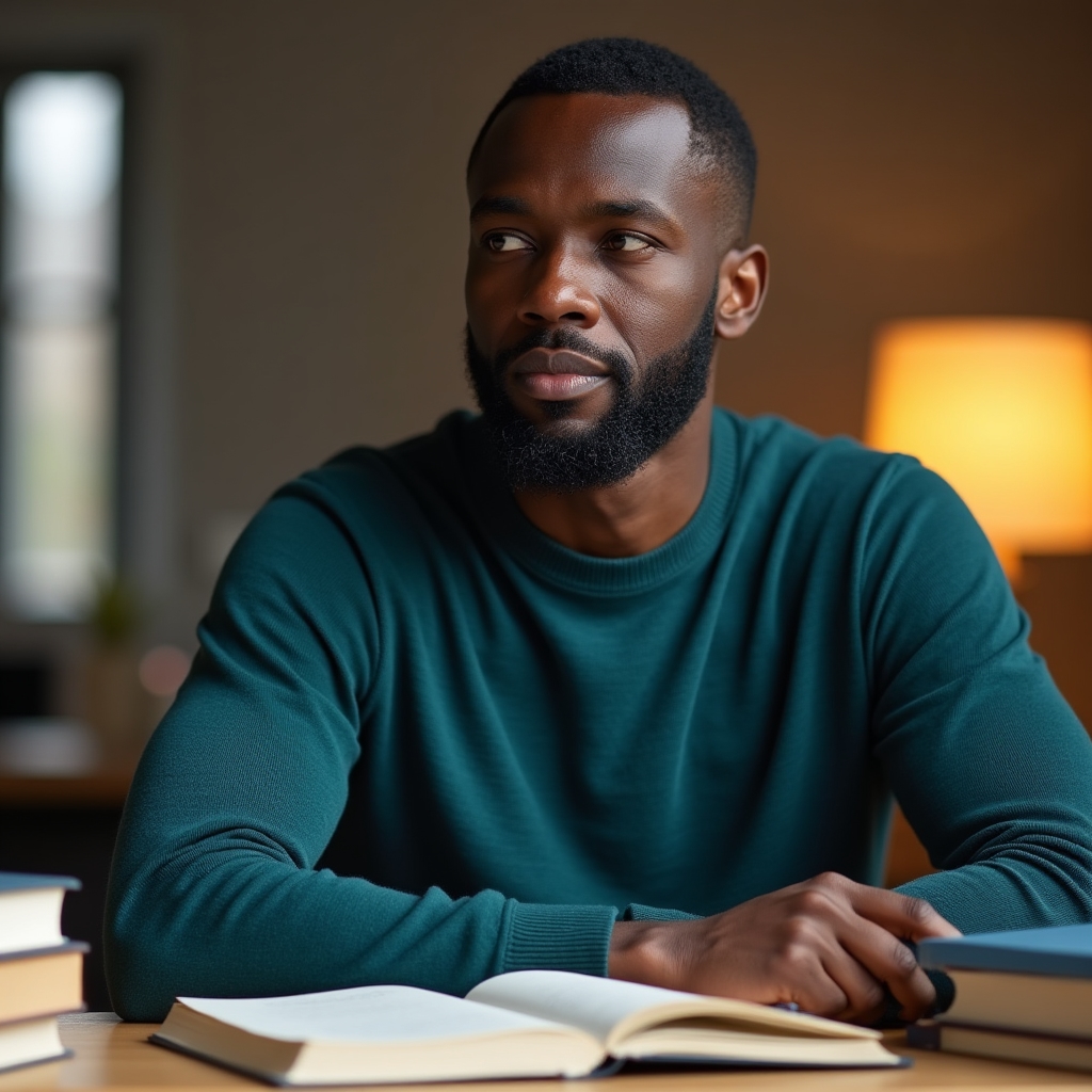 Daniel Osei, behavioral health educator, seated thoughtfully at a desk with notes and books