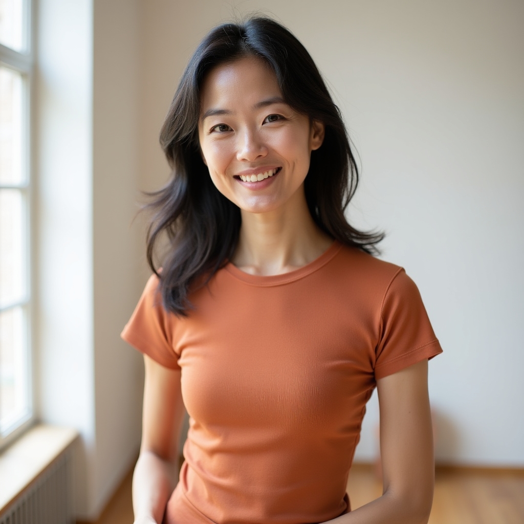 Maya Chen, wellness educator, smiling warmly in a bright studio environment