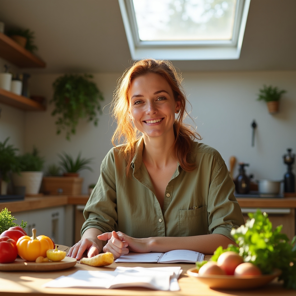 Sara Volkov, nutrition educator, reviewing educational materials at a wooden table in a warm kitchen environment