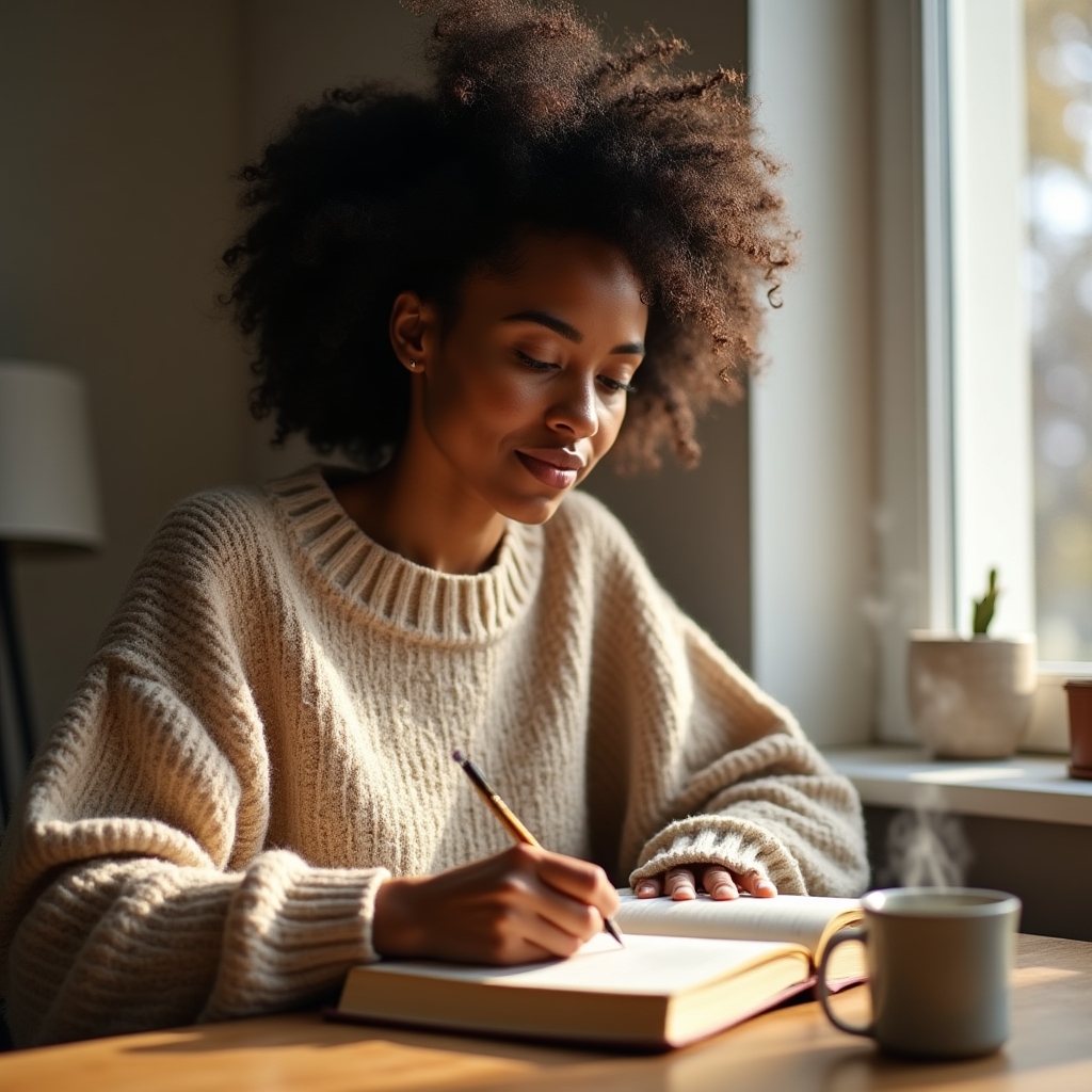 Person writing in a wellness journal at a peaceful desk with soft morning light, practicing daily reflection