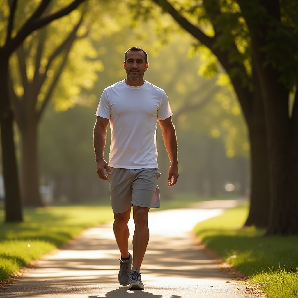 Person walking mindfully through a sunlit park path, demonstrating everyday movement as wellness practice
