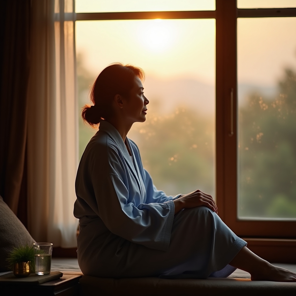 Person sitting quietly at a window with morning light, contemplating the beginning of a new wellness routine
