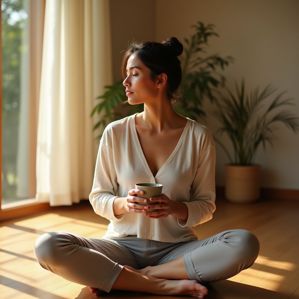Person practicing a calm morning wellness routine with soft natural light